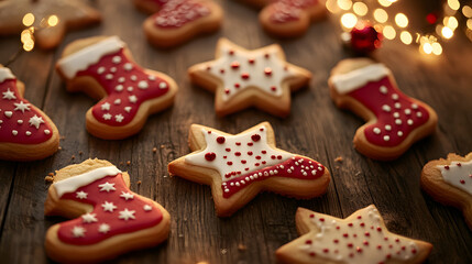 Fototapeta premium Close-up of Christmas cookies shaped like stars and gingerbread men on a wooden table with holiday decorations, copy space 