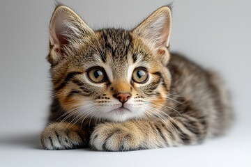 Obraz premium Adorable tabby kitten lying on white surface with curious expression