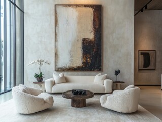 Modern minimalist living room with elegant furniture and artistic decor.