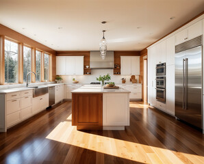 A modern kitchen, interior design, Natural wooden, and bright with sunlight, AI Generative	
