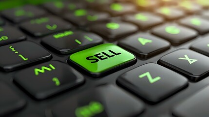 A close-up of a black computer keyboard with an illuminated green "Sell" key, symbolizing online trading, e-commerce, and digital marketplaces. Perfect for financial or tech themes.