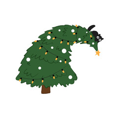A fun illustration of a bended Christmas tree and a cute black cat sitting on top of it. Kitten playing with xmas ornaments.