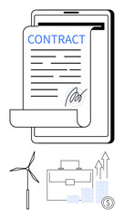 Contract displayed on a tablet with icons including wind turbine, briefcase, bar chart, and coin. Ideal for business agreements, renewable energy, financial growth, digital signatures, tech
