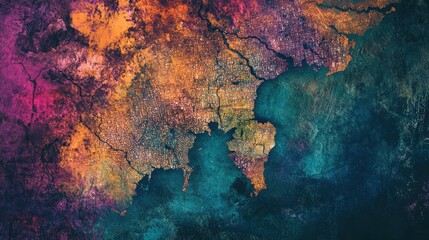 A colorful map of Gujarat overlaid on a textured background, emphasizing major cities and rivers.