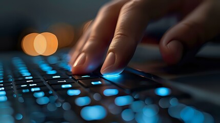 Professional typing on illuminated keyboard in dark office environment with glowing blue backlit keys, perfect for technology and cybersecurity concepts.