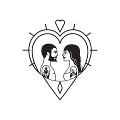 Black silhouette, tattoo of a couple of man and woman in love in a white background. Vector desing eps