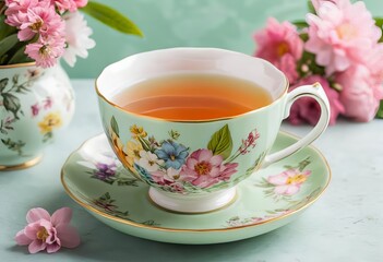 A cup of tea with a blooming flower inside, placed on a pastel green saucer with floral designs