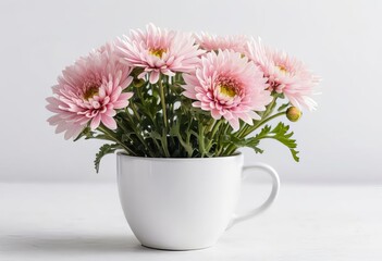 Fototapeta premium A white cup with pink chrysanthemums inside, placed on a white background