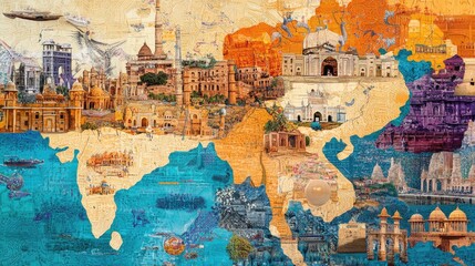 A creative collage of Gujarat's map intertwined with traditional art motifs and patterns.