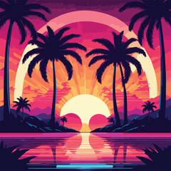 Cartoon flat panoramic landscape, sunset with the palms on colorful background. Tropical sunrise with pink gradient sun and silhouette of palm trees and mountains in the background of blue sky.	