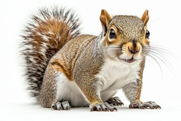Close-up of an eastern gray squirrel with fluffy tail on white background