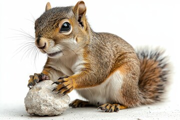 Obraz premium Curious squirrel holding a rock against a white background