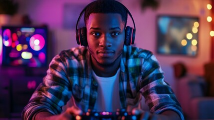 Obraz premium Focused Gamer with Headphones in a Neon Lit Room