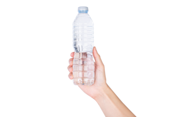 Hand holding water bottle isolated on white background