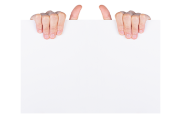 Hand holding white paper isolated on white backgrkound