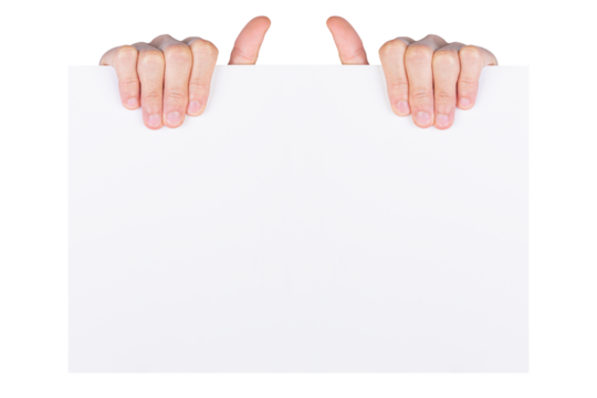 Hand holding white paper isolated on white backgrkound - Powered by Adobe