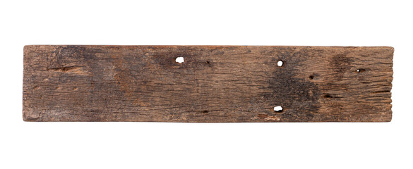Empty wooden sign board isolated on white background. Old plank wood. Used for montage to add text