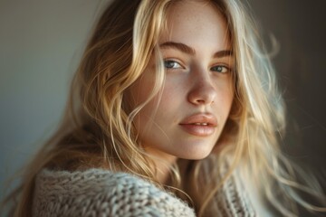 Fototapeta premium Close up beauty portrait of attractive blonde fashion model posing in stylish knitwear
