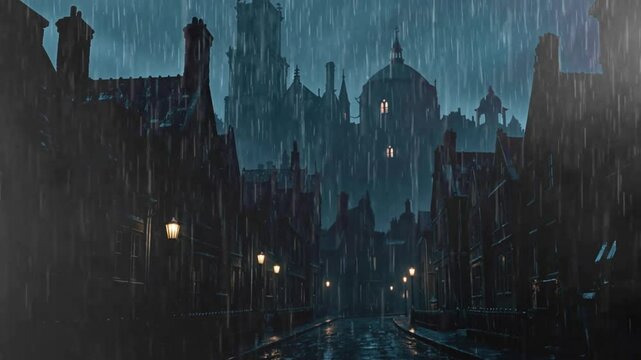 Dark rainy street with gothic architecture under heavy downpour