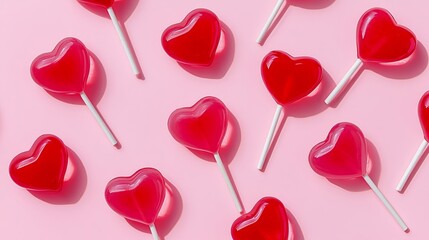 Row of red lollipops with white tips arranged in a pattern. Concept of romance and sweetness, as the lollipops are heart-shaped and are often associated with Valentine's Day