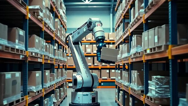 White robotic arm is lifting a package from a shelf full of cardboard boxes in a large warehouse. The robot is working autonomously in a fully automated storage facility