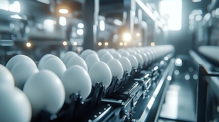 Obraz premium Eggs moving on conveyor belt in factory. This image shows the mass production of eggs in a factory setting.