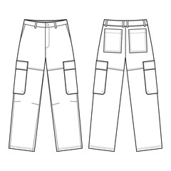 Cargo Pants Technical Drawing, Front and Back View


