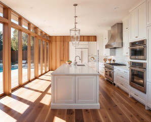 A modern kitchen, interior design, Natural wooden, and bright with sunlight, AI Generative	
