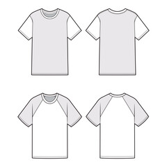 Unisex T-Shirt Technical Drawing, Regular and Raglan Sleeve, Front and Back View

