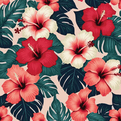 Abstract multicolor a solid hibiscus blooming flowers motif arrangement with medium tone all over vector design with cream background illustration digital image for wrapping paper or textile printing.