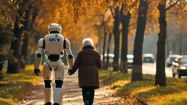 Elderly woman and a humanoid robot are enjoying a relaxing stroll together in a serene autumn park, symbolizing the potential of ai in elder care
