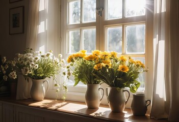 A living room with sunlight streaming in and a vase of fresh flowers on the coffee table