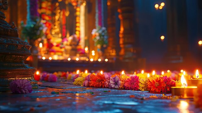 A detailed view of colorful offerings at the Velankanni shrine, with flowers and candles creating a vibrant atmosphere.