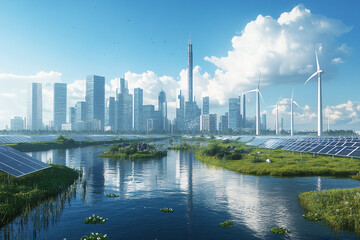 Fototapeta premium Eco-Friendly Urban Cityscape with Solar Panels, Wind Turbines, and Green Landscape Showcasing Renewable Energy and Sustainable Development