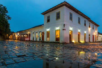 Street at night in the historic center of Paraty, Rio de Janeiro, Brazil, World Heritage. Paraty is...