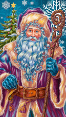 Obraz premium Art, kind handsome Grandfather Frost from Russian folk tales, staff in hand, near the New Year tree, snowflakes, long blue rich fur coat embroidered with shiny snowflakes, belted with a sash