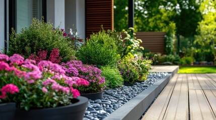 A beautiful flower garden with a wooden deck. Perfect for showcasing landscaping and outdoor living.