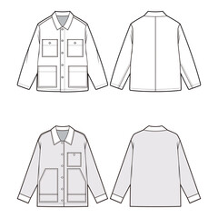 Utility jacket with multiple front pockets in front and back views, vector outline showcasing a functional and stylish design.
