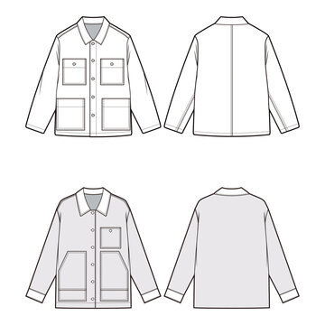 Utility jacket with multiple front pockets in front and back views, vector outline showcasing a functional and stylish design.

