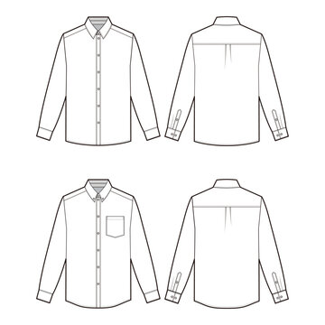 Long-sleeve dress shirt with collar, button-down design in front and back views, vector outline illustration for apparel design.
