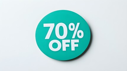 White '70% OFF' Text on a Emerald Round Paper Note. White Background with Copy Space