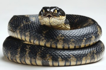 Obraz premium Close-up of coiled black and yellow snake showcasing intricate scale patterns