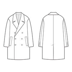 Double-breasted overcoat with lapels in front and back views, displayed in black and white vector illustration, highlighting a traditional and elegant design.
