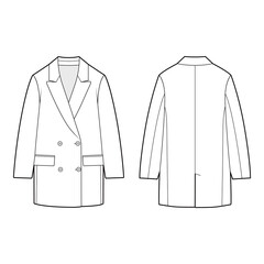 Front and back views of a double-breasted short coat with lapels in black and white vector illustration, emphasizing classic structure and minimalist design.
