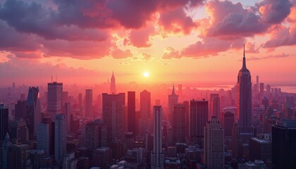 Stunning sunset over a city skyline with skyscrapers and vivid colors