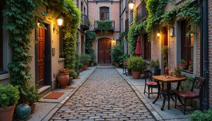 Naklejka premium Charming cobblestone alleyway with potted plants and warm lights in a cozy urban setting