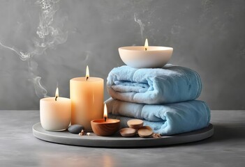 A flat lay of various spa products, including candles, oils, and bath salts, on a grey table