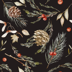 A delicate seamless pattern featuring watercolor illustrations of pinecones, sprigs of evergreen needles, and red winter berries.