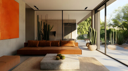 Minimalist Desert Modern Living Room with Rust Velvet Sofa, Natural Stone Coffee Table, and Organic Elements for a Warm, Sunlit Southwestern Ambiance
