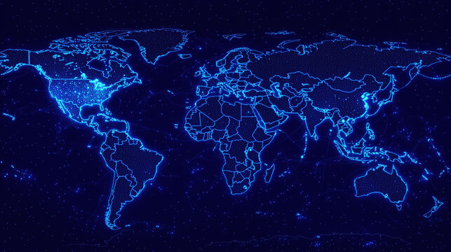 Fototapeta world map blue dots squares pixel art style neon on black background tech technology global globe international connections communication 3d rendered illustration 